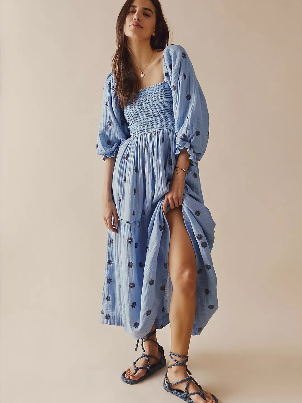 Free People Dahlia Embroidered Dress Skies Combo Blue color